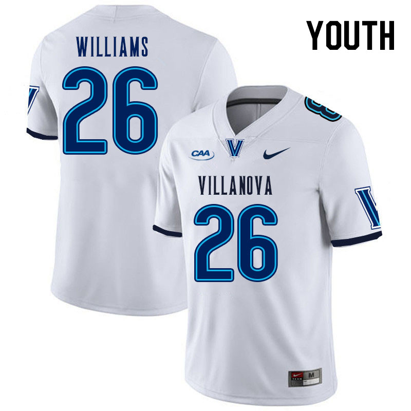 Youth #26 Jayvont Williams Villanova Wildcats College Football Jerseys Stitched Sale-White - Click Image to Close